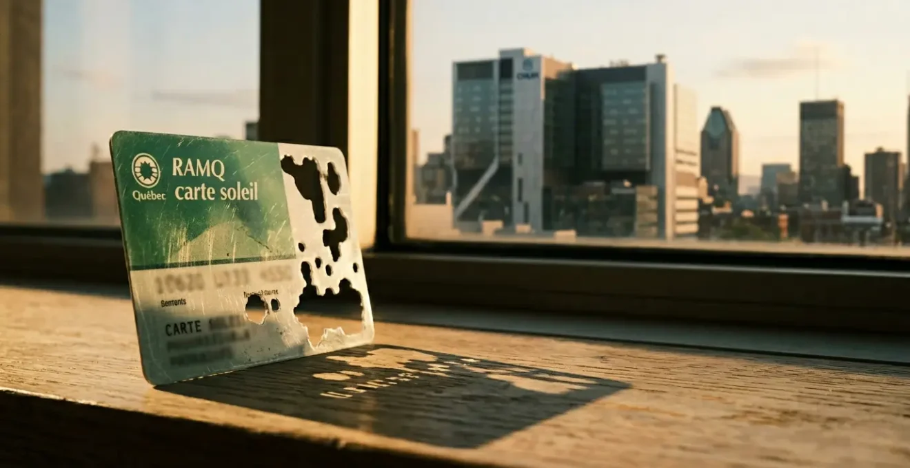 RAMQ health insurance card with Montreal cityscape highlighting coverage gaps