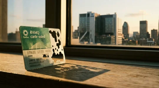 RAMQ health insurance card with Montreal cityscape highlighting coverage gaps