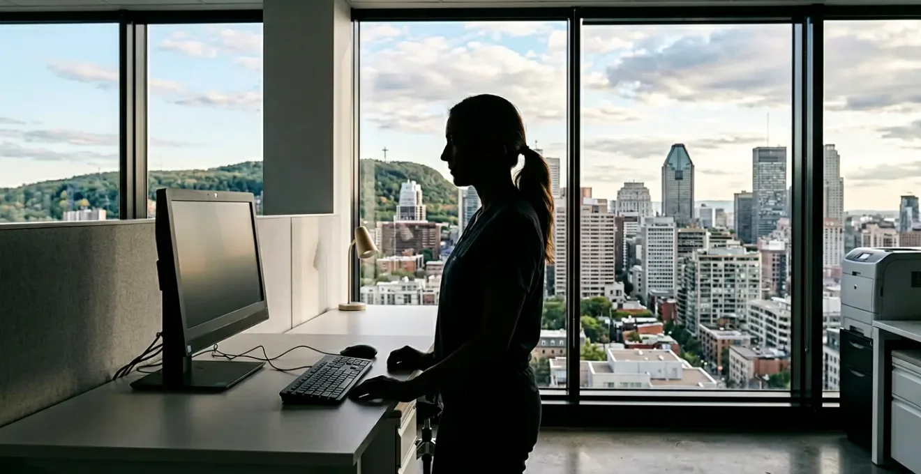 Healthcare professional examining secure digital health records on screen with Montreal cityscape backdrop