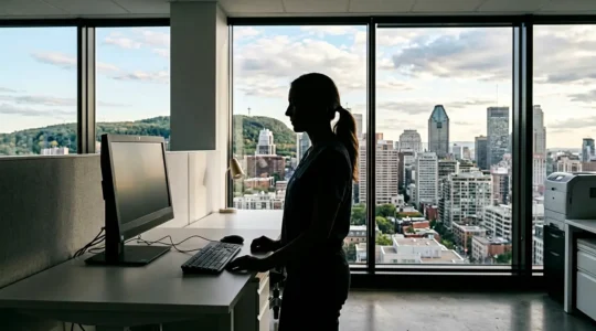 Healthcare professional examining secure digital health records on screen with Montreal cityscape backdrop