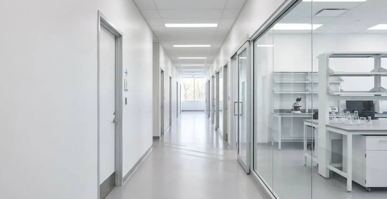 Wide view of Quebec medical facility with research equipment in background