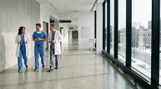Healthcare professionals in a Montreal hospital discussing patient care priorities