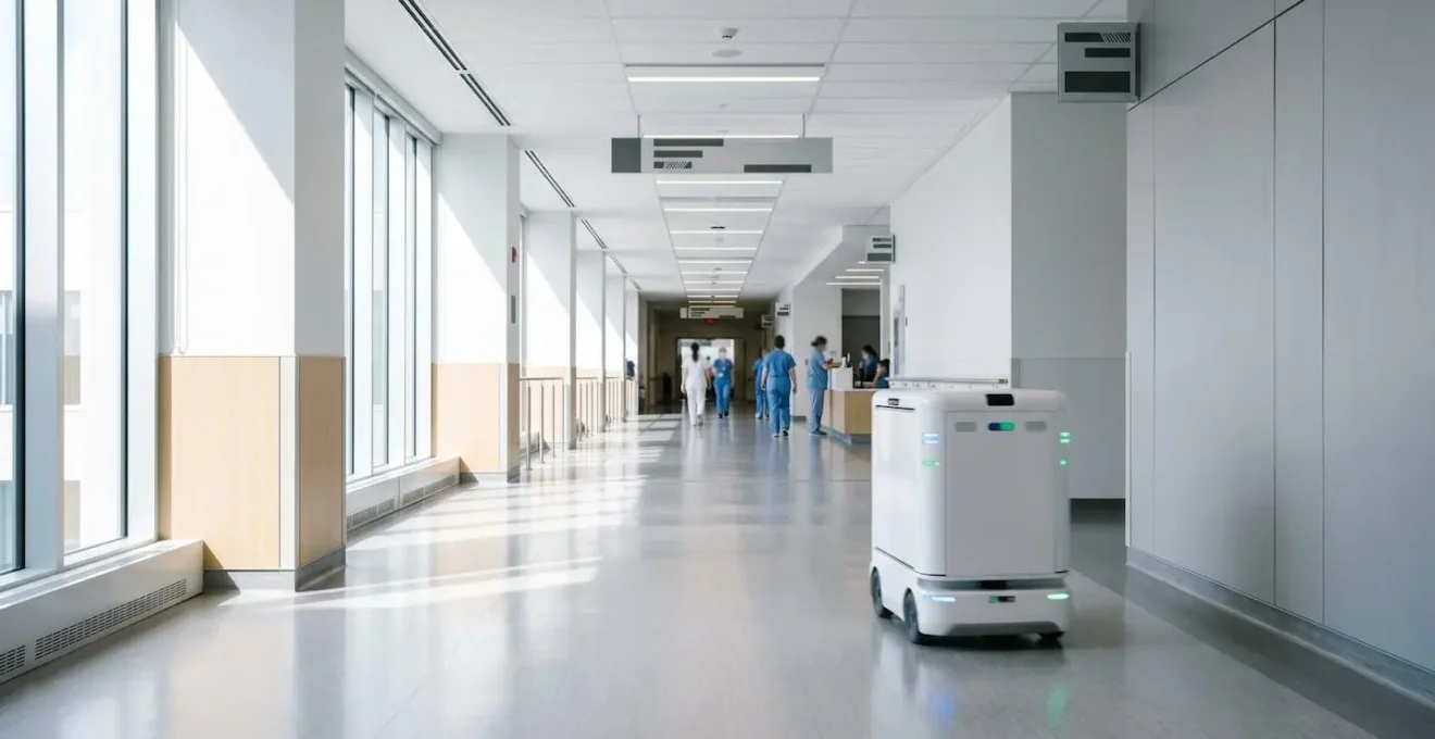 Autonomous hospital robot delivering supplies in a modern Montreal hospital corridor