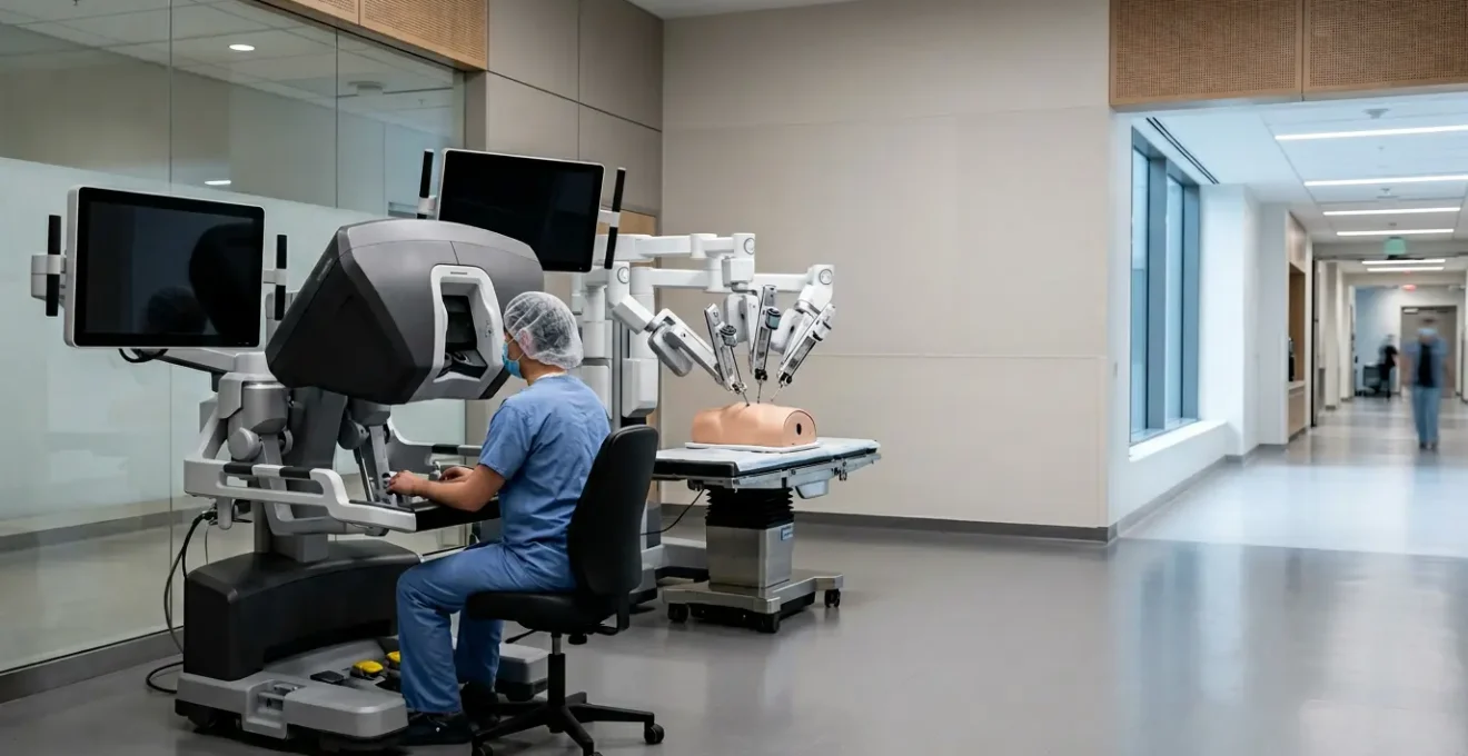 Surgeon seated at advanced robotic surgery console controlling precision instruments in modern operating theater