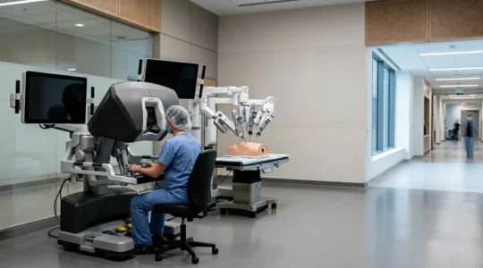 Surgeon seated at advanced robotic surgery console controlling precision instruments in modern operating theater