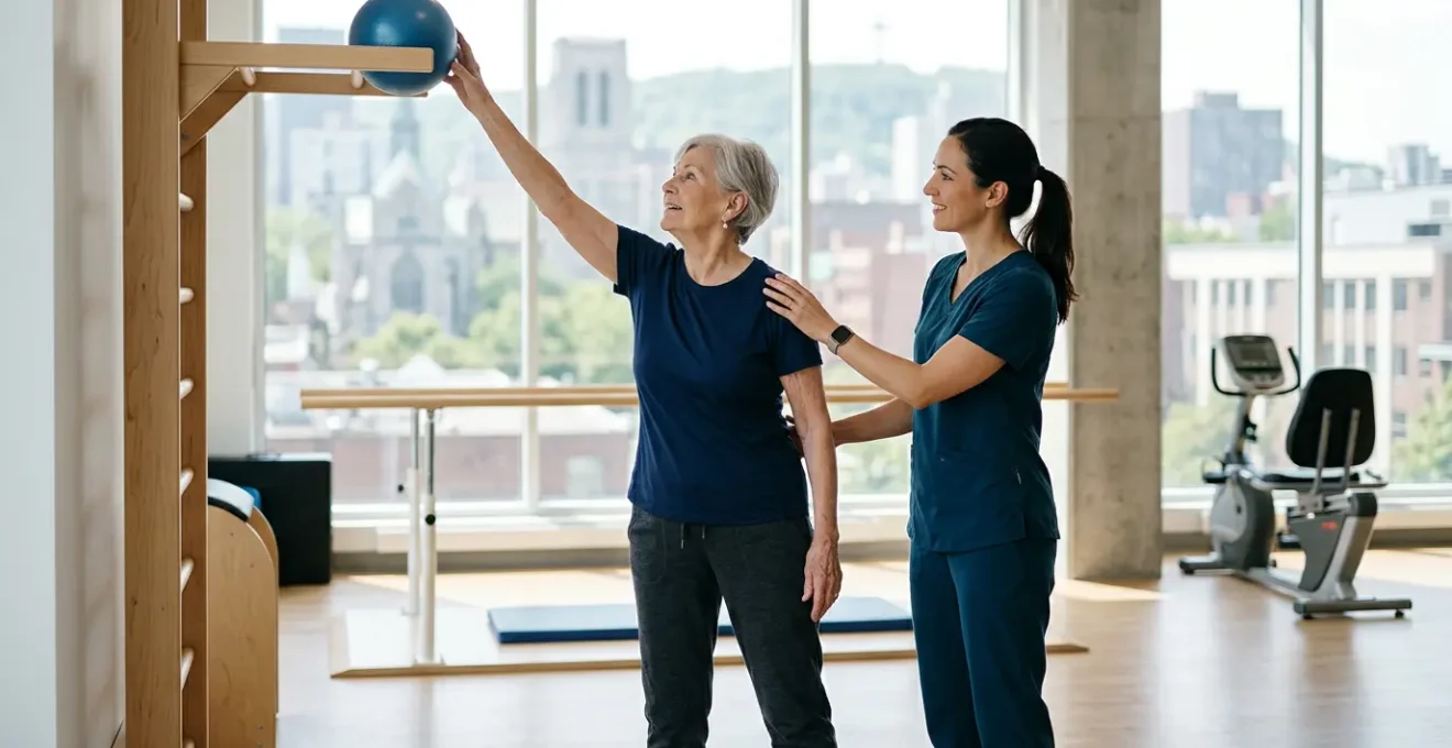 Senior person practicing functional movements with therapist in Montreal rehabilitation center