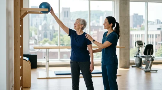 Senior person practicing functional movements with therapist in Montreal rehabilitation center