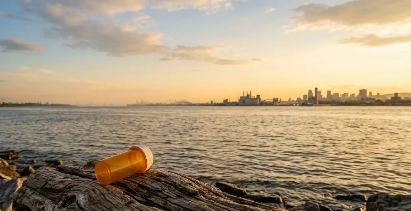 Wide environmental shot of St. Lawrence River with abstract pharmaceutical disposal concept