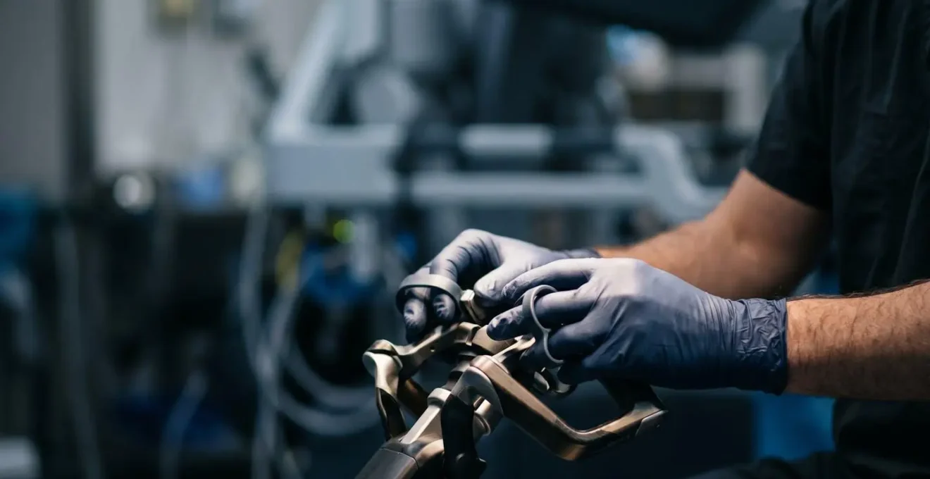 Close-up of surgeon's hands operating advanced robotic surgery control interface with precision instruments