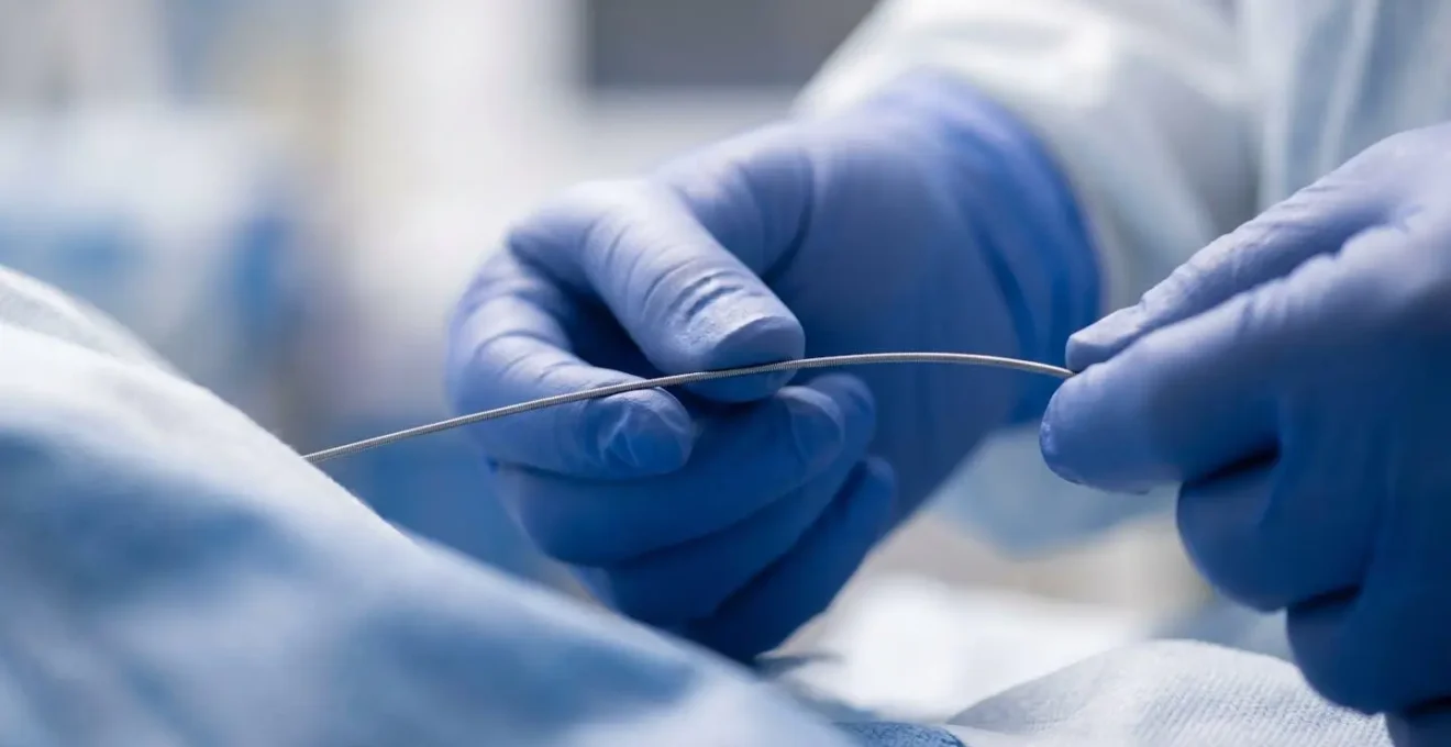 Close-up view of transcatheter aortic valve implantation procedure showing catheter approach