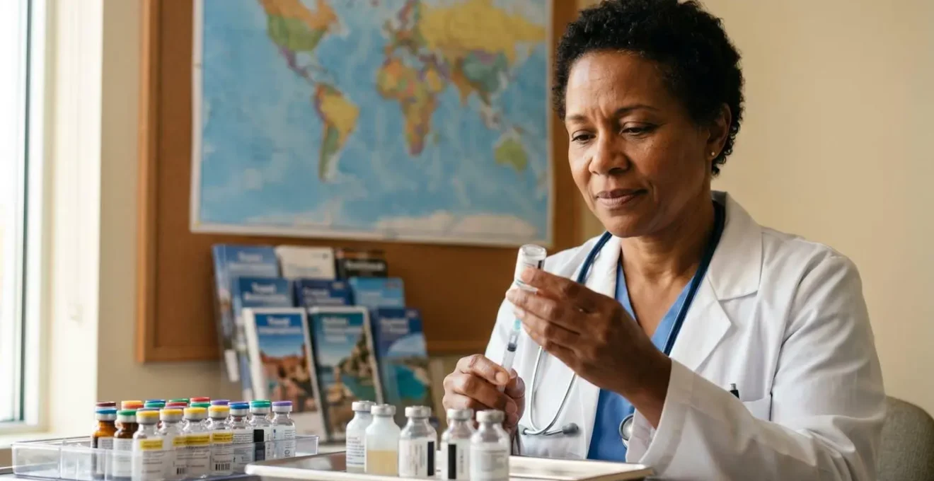 Healthcare professional preparing travel vaccines in bright Montreal medical office