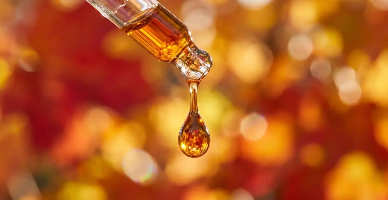 Macro shot of vitamin D drops with autumn maple leaves and soft morning light