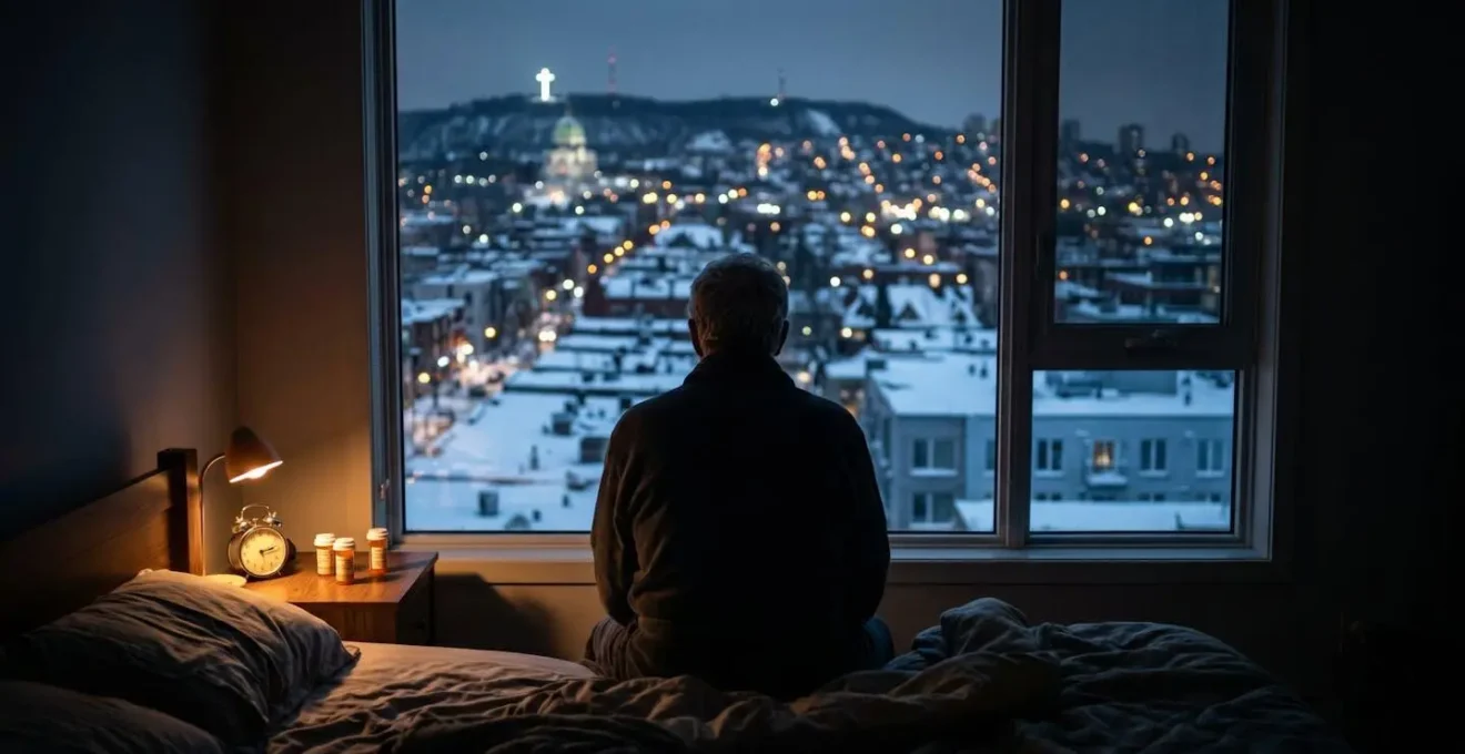 Person experiencing insomnia during a Montreal winter night
