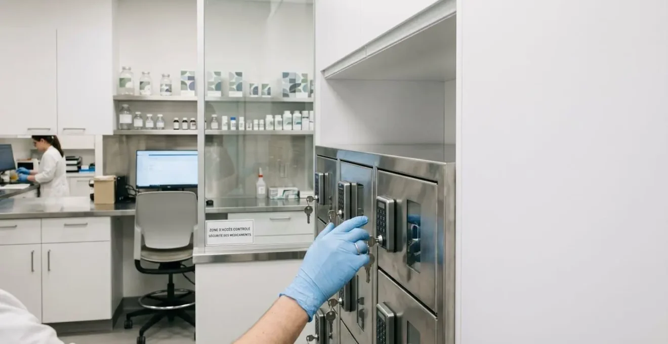 Secure medication storage area in Montreal pharmacy with safety protocols