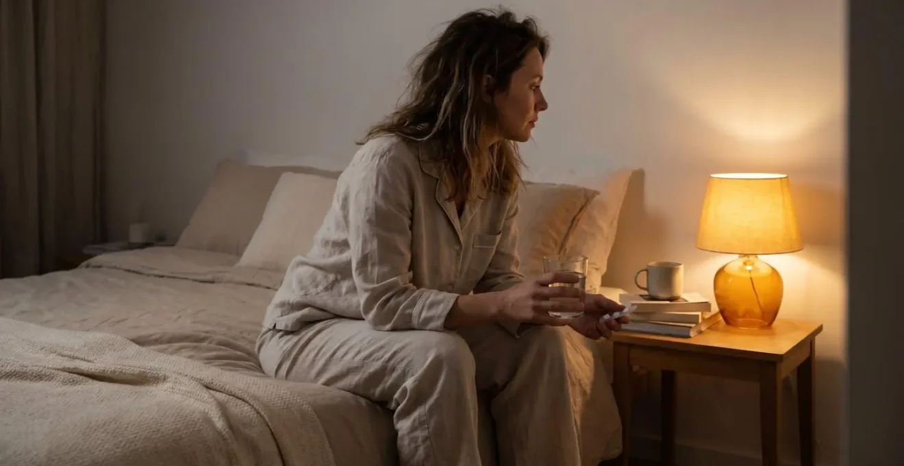 Adult in a calm bedroom setting preparing for a restful night, holding a glass of water next to a natural sleep supplement