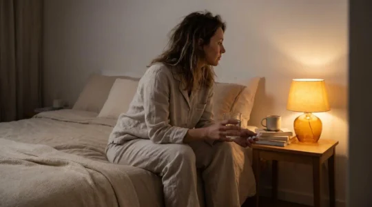 Adult in a calm bedroom setting preparing for a restful night, holding a glass of water next to a natural sleep supplement