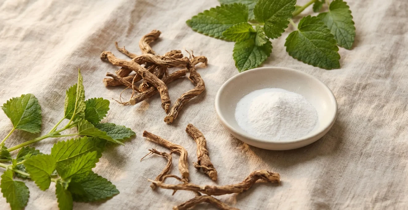 Close-up of natural botanical ingredients associated with sleep — dried valerian root, lemon balm leaves and a small dish of marine magnesium powder on a neutral linen surface