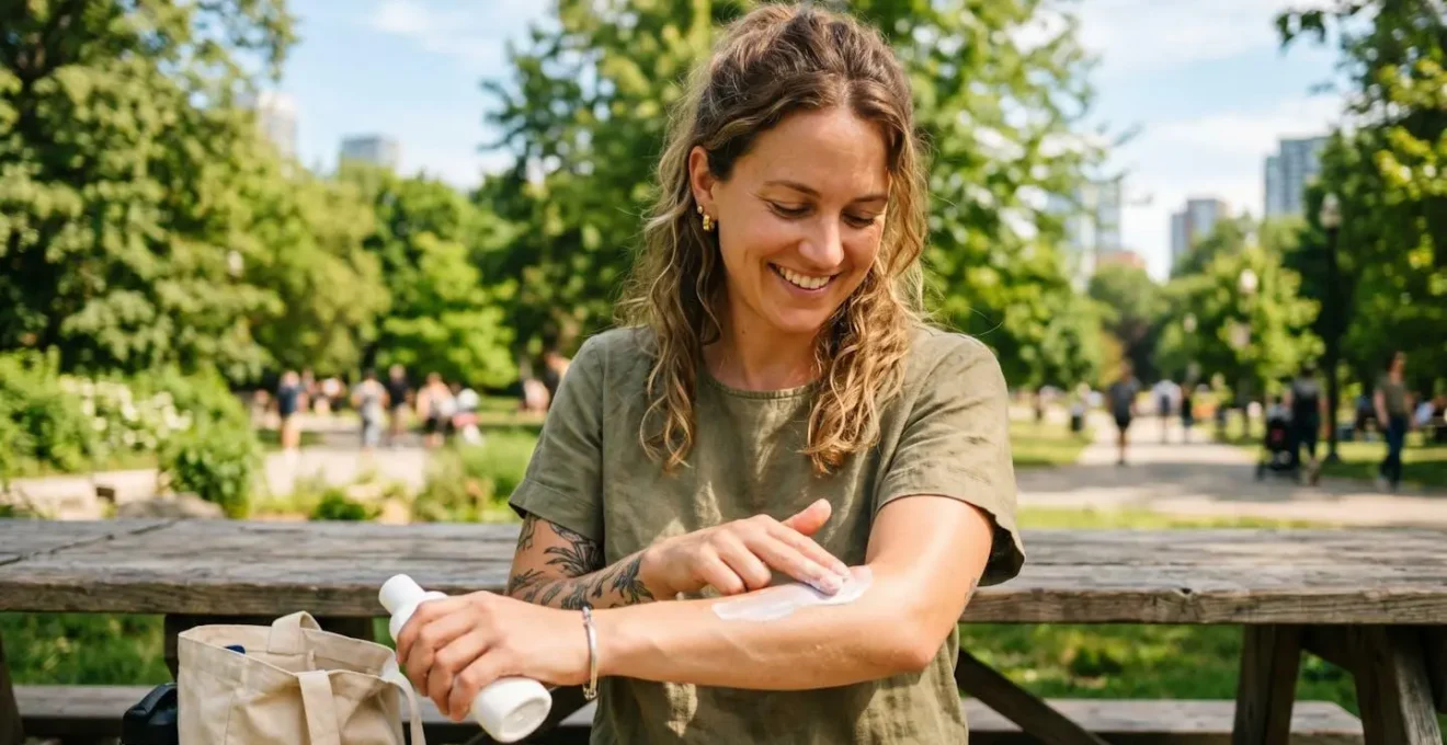 Person applying sunscreen on face and arms outdoors in daylight, Montreal urban setting