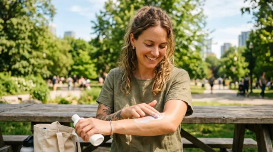 Person applying sunscreen on face and arms outdoors in daylight, Montreal urban setting