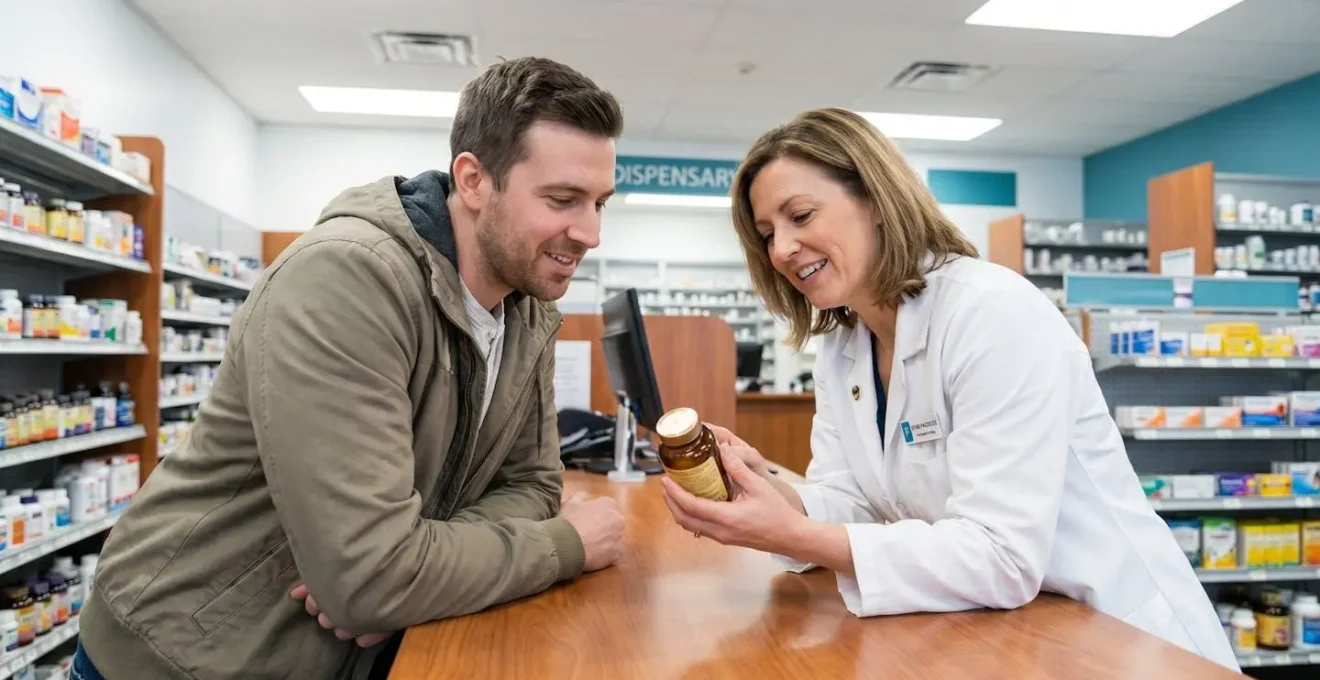 Pharmacist in a Montreal pharmacy discussing a natural supplement with an adult patient, both reviewing a product label together at the counter